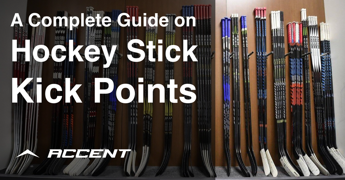 Hockey sticks lined up against a wall, text reading A Complete Guide on Hockey Stick Kick Points